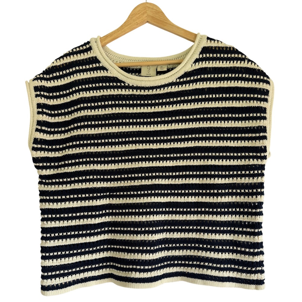 Joie Women Navy Cream Striped 100% Linen Sequin Crochet Knit Sweater Vest Large